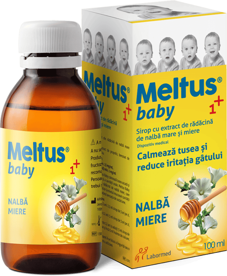 Imaginea prezintă o cutie de sirop Meltus® Baby pentru copii de peste 1 an. Cutia este predominant galbenă cu text albastru și conține imagini cu flori de nalbă mare și miere, indicând ingredientele naturale. Textul de pe cutie spune că siropul conține extract de rădăcină de nalbă mare și miere și că are rolul de a calma tusea și de a reduce iritația gâtului. Pe cutie sunt și imagini cu un bebeluș în diferite expresii faciale, sugerând diferite stadii ale disconfortului cauzat de tuse. LaborMed este menționat ca producător.