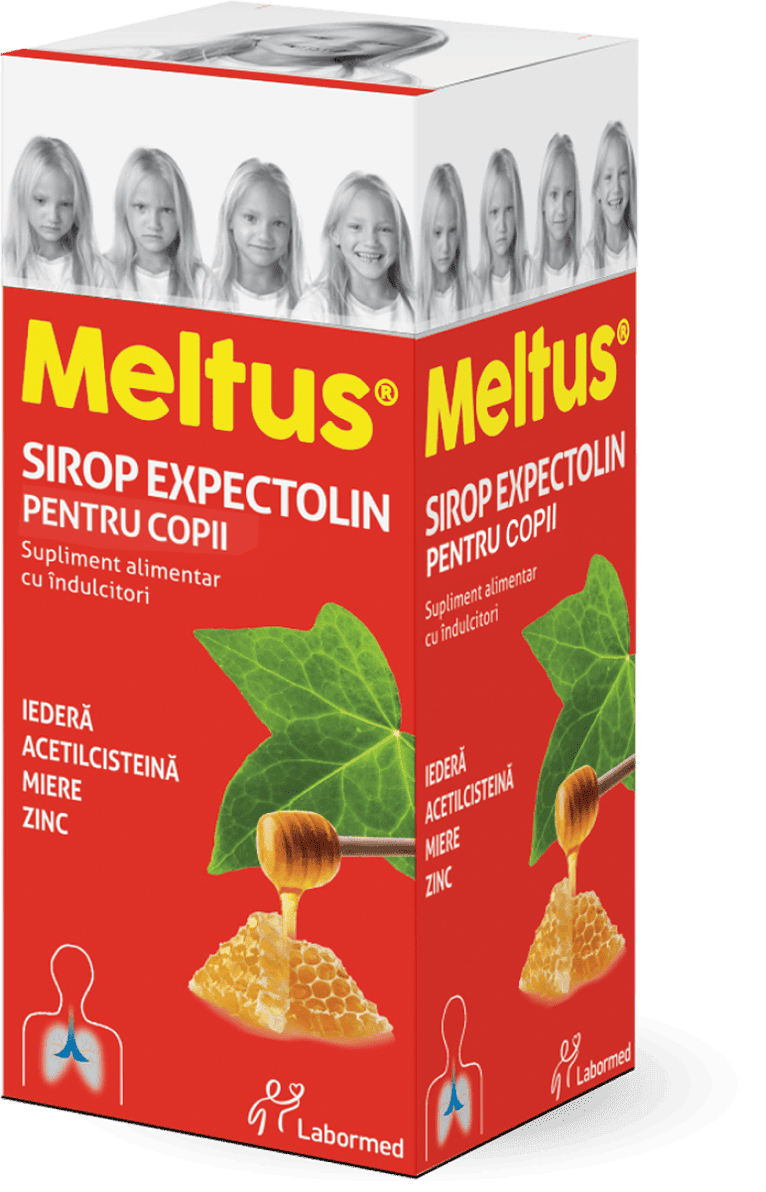 Această imagine arată o cutie de sirop pentru copii de la Meltus®. Este similară cu cea pentru adulți, dar specifică că este pentru copii. Cutia are culori vii, cu roșu predominant și imagini cu frunze de iederă, miere și fagure de miere. Ingredientele enumerate sunt iedera, acetilcisteina și zinc, care sunt menite să ajute la calmarea tusei și la îmbunătățirea respirației. Pe cutie sunt și imagini cu o fetiță cu diferite expresii faciale, posibil pentru a ilustra diferitele stări prin care trec copiii atunci când au tuse. LaborMed, producătorul, este menționat pe cutie, indicând sursa suplimentului alimentar.