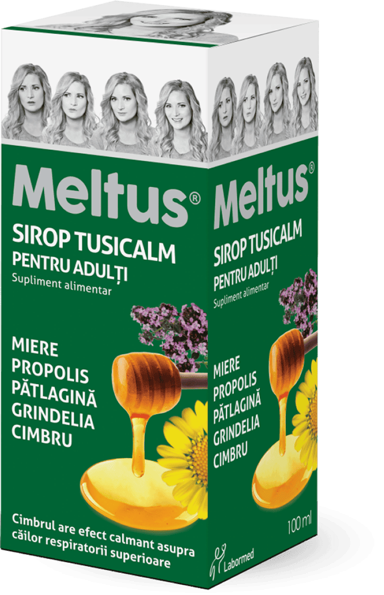 Imaginea arată o cutie de sirop pentru adulți marca Meltus®. Cutia este verde și prezintă imagini ale unor ingrediente naturale precum mierea, propolisul, pătlagina și cimbrul. Se menționează că cimbrul are un efect calmant asupra căilor respiratorii superioare. Pe cutie apar și poze cu o femeie în diferite expresii faciale, posibil pentru a ilustra liniștea pe care produsul o poate oferi. Este descris ca un supliment alimentar. LaborMed este numele producătorului, indicat pe ambalaj.