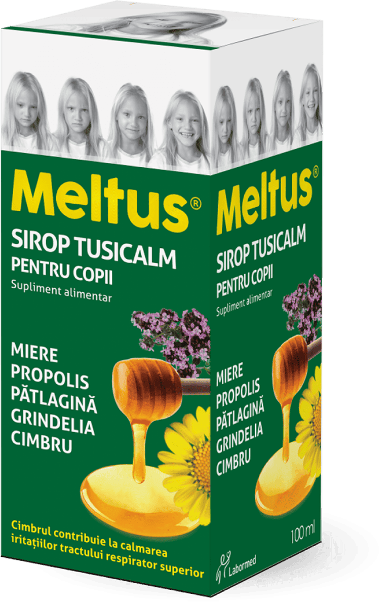 Această imagine ilustrează o cutie de sirop pentru tuse destinat copiilor, marca Meltus®. Cutia este de culoare verde cu imagini de miere care curge, propolis, pătlagină și cimbru, sugerează că aceste ingrediente naturale sunt incluse în produs. Este descris ca un supliment alimentar. Se menționează că cimbrul contribuie la calmarea iritațiilor din tractul respirator superior. Pe cutie sunt și imagini cu o fetiță în diferite stări de dispoziție, ceea ce poate indica diferite stadii ale tusei la copii. LaborMed este producătorul, așa cum este indicat pe ambalaj.