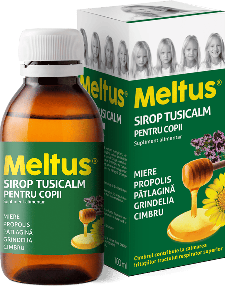 Această imagine ilustrează o cutie de sirop pentru tuse destinat copiilor, marca Meltus®. Cutia este de culoare verde cu imagini de miere care curge, propolis, pătlagină și cimbru, sugerează că aceste ingrediente naturale sunt incluse în produs. Este descris ca un supliment alimentar. Se menționează că cimbrul contribuie la calmarea iritațiilor din tractul respirator superior. Pe cutie sunt și imagini cu o fetiță în diferite stări de dispoziție, ceea ce poate indica diferite stadii ale tusei la copii. LaborMed este producătorul, așa cum este indicat pe ambalaj.